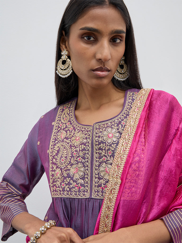 Vark Purple A-Line Kurta. Inner. Palazzos and Dupatta Set - Image 2