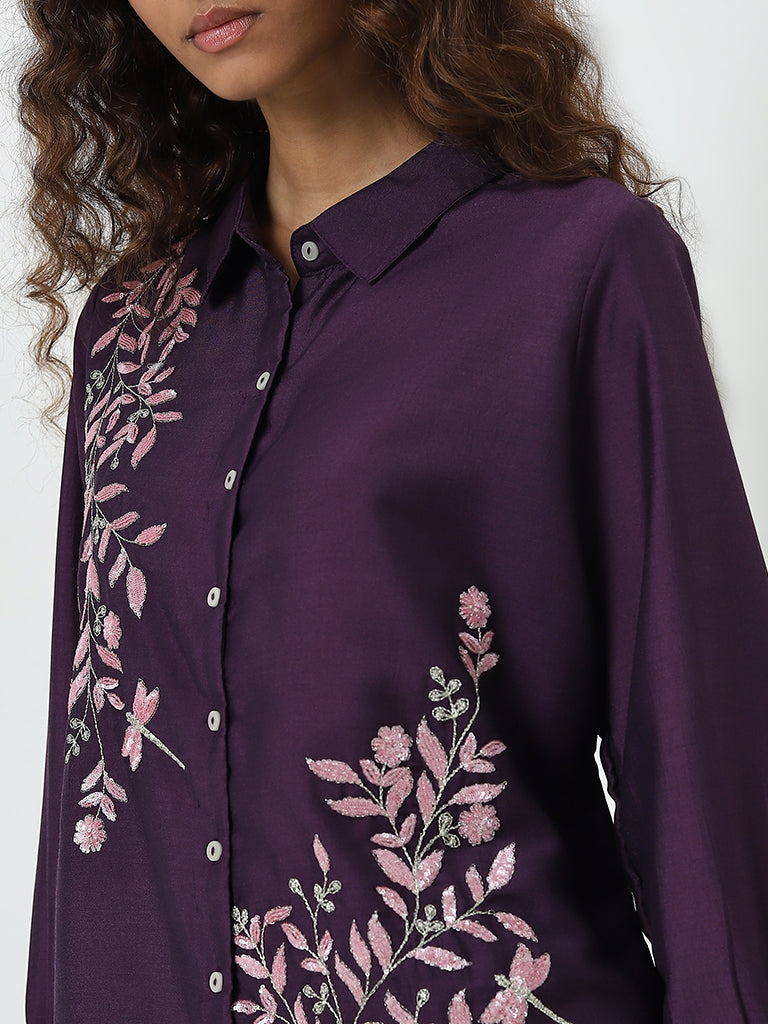 Vark Purple Embellished Straight Tunic and Pants Set - Image 2