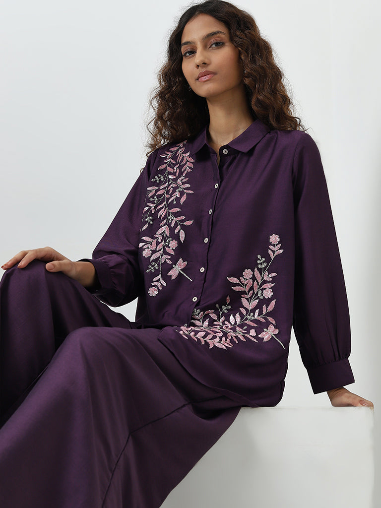 Vark Purple Embellished Straight Tunic and Pants Set - Image 3