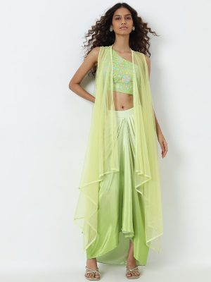 Vark Light Green Floral Embellished Blouse. Skirt and Shrug Set