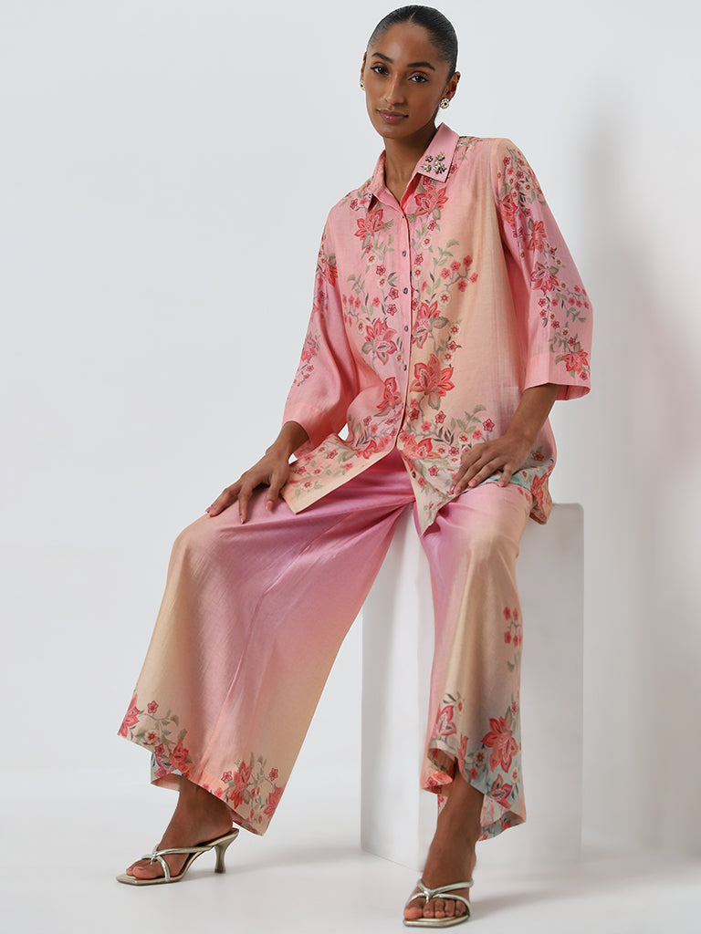 Vark Pink Floral Printed Ethnic Tunic and Palazzos Set - Image 4