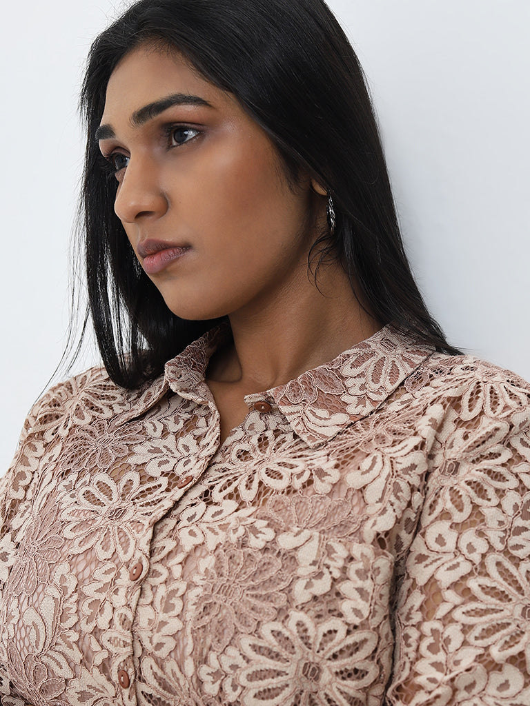 Gia Beige Floral Lace Design Shirt with Camisole - Image 2