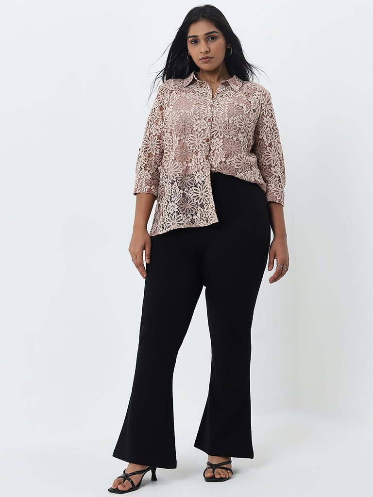 Gia Beige Floral Lace Design Shirt with Camisole - Image 3