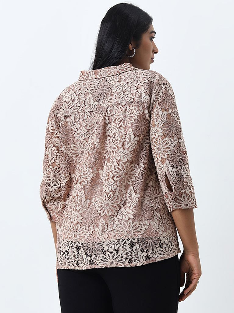 Gia Beige Floral Lace Design Shirt with Camisole - Image 4