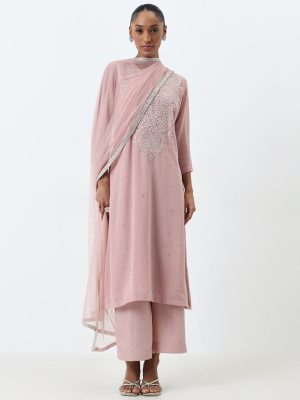 Vark Dusty Pink A-Line Kurta. Pants and Dupatta Set