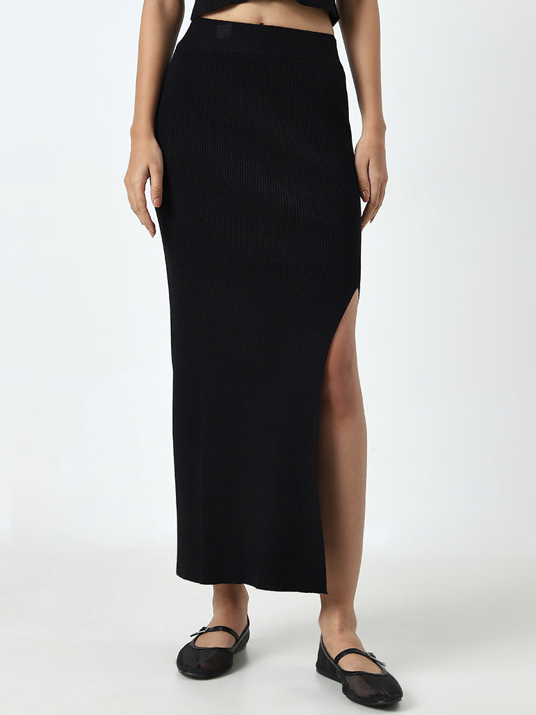 Nuon Black Ribbed High-Rise Skirt - Image 3