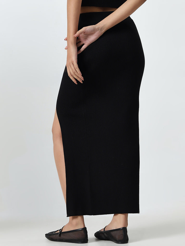 Nuon Black Ribbed High-Rise Skirt - Image 4