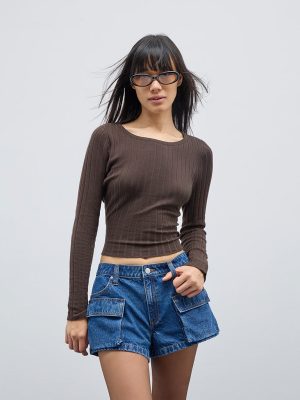 Nuon Brown Self Striped Top