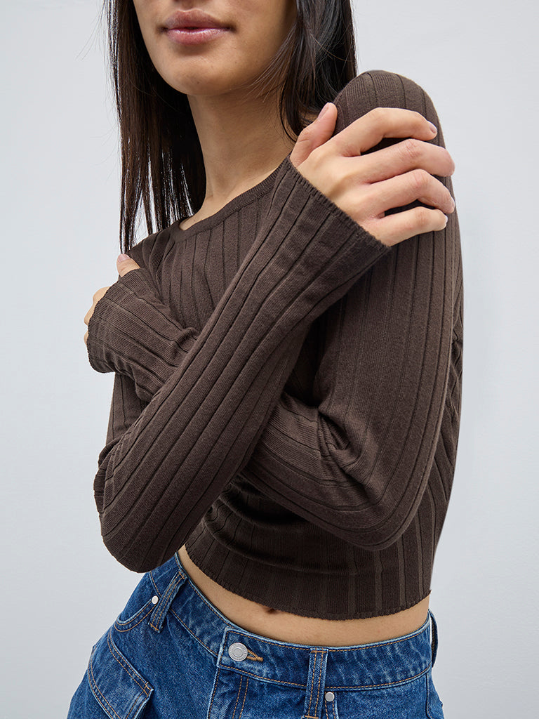 Nuon Brown Self Striped Top - Image 3