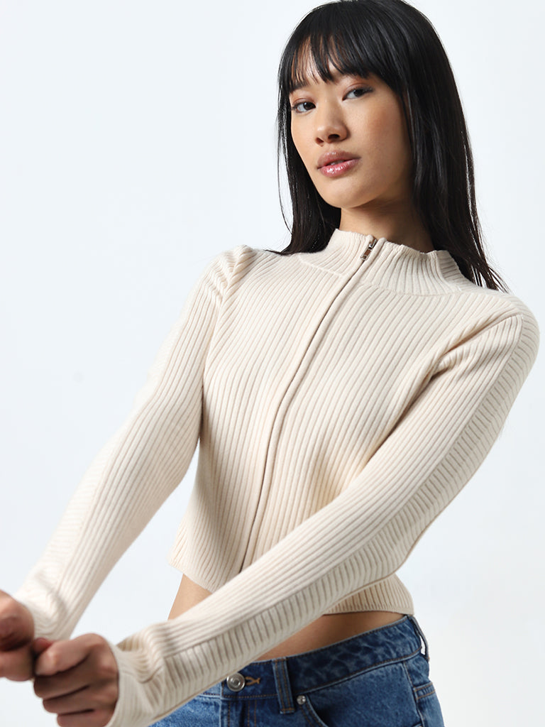 Nuon Beige Ribbed Cotton-Blend Cardigan - Image 3