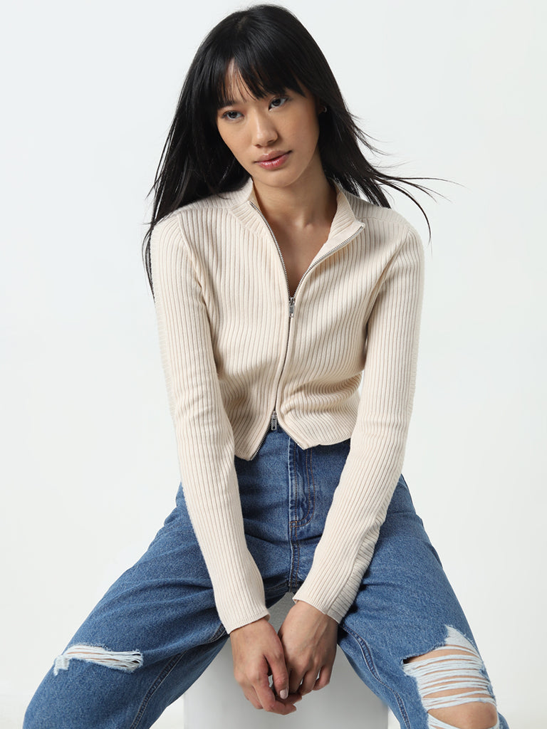 Nuon Beige Ribbed Cotton-Blend Cardigan - Image 4