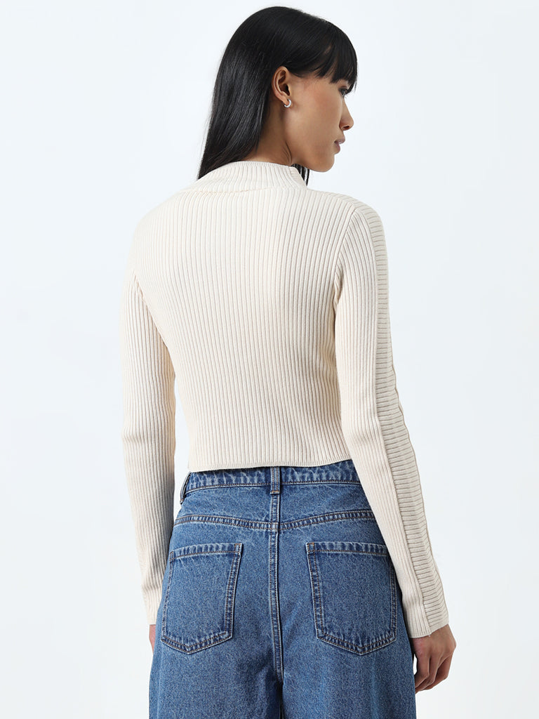 Nuon Beige Ribbed Cotton-Blend Cardigan - Image 5