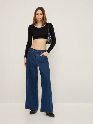 Nuon Dark Blue Wide-Leg Mid-Rise Jeans