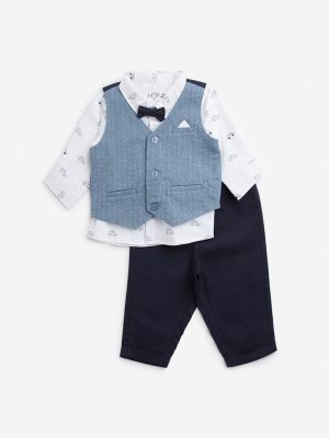 HOP Baby Navy Cotton Waistcoat. Shirt. Trousers & Bow Set