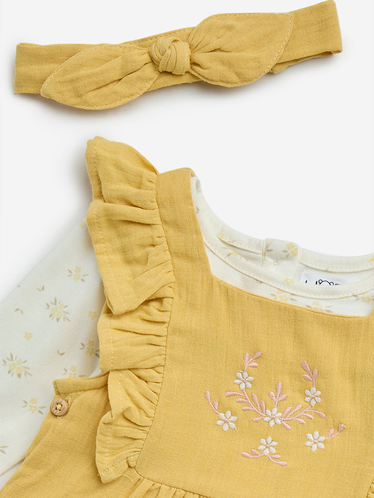 HOP Baby Yellow Cotton Dungaree. T-Shirt and Headband Set - Image 3