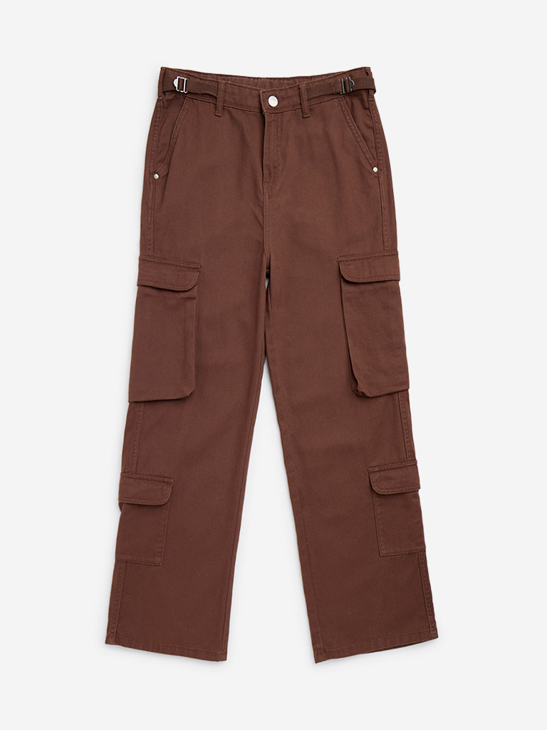 Y&F Kids Brown Cargo-Style High-Rise Cotton Trousers - Image 5