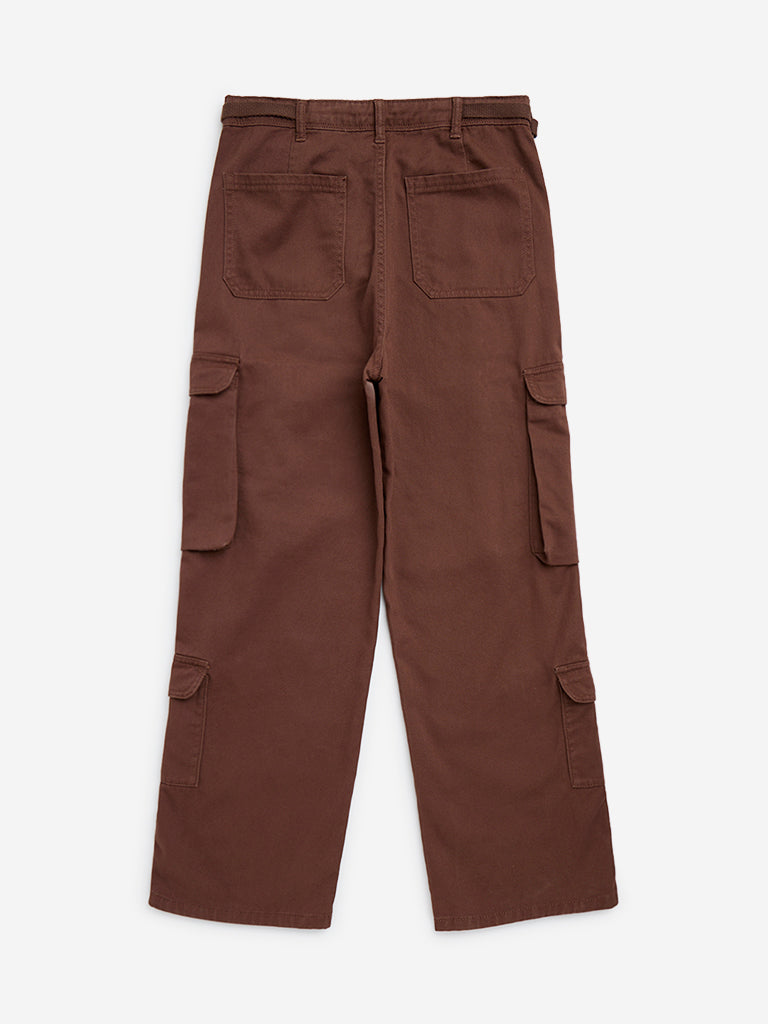 Y&F Kids Brown Cargo-Style High-Rise Cotton Trousers - Image 6