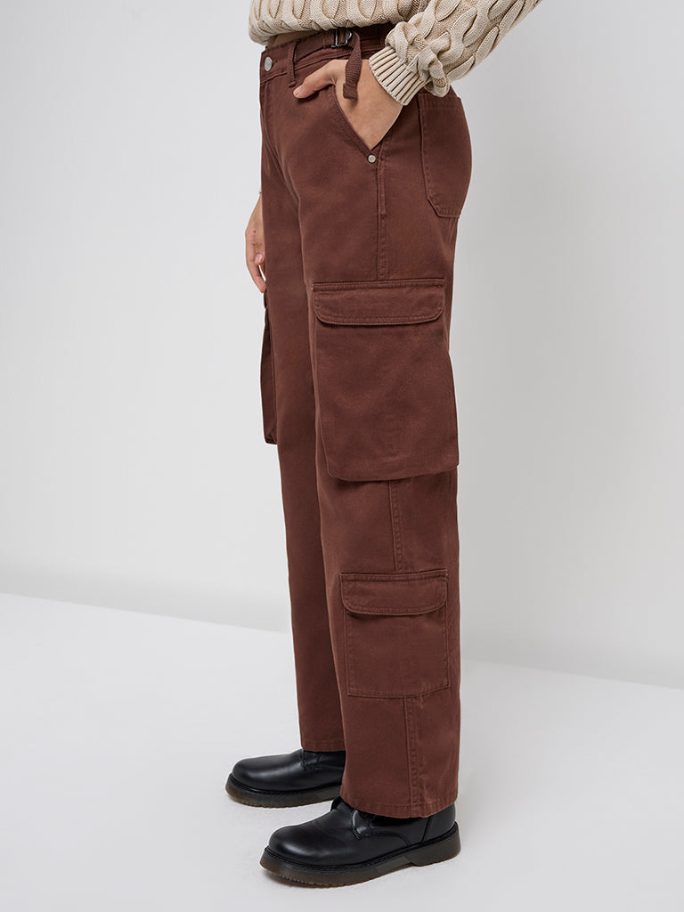 Y&F Kids Brown Cargo-Style High-Rise Cotton Trousers - Image 3