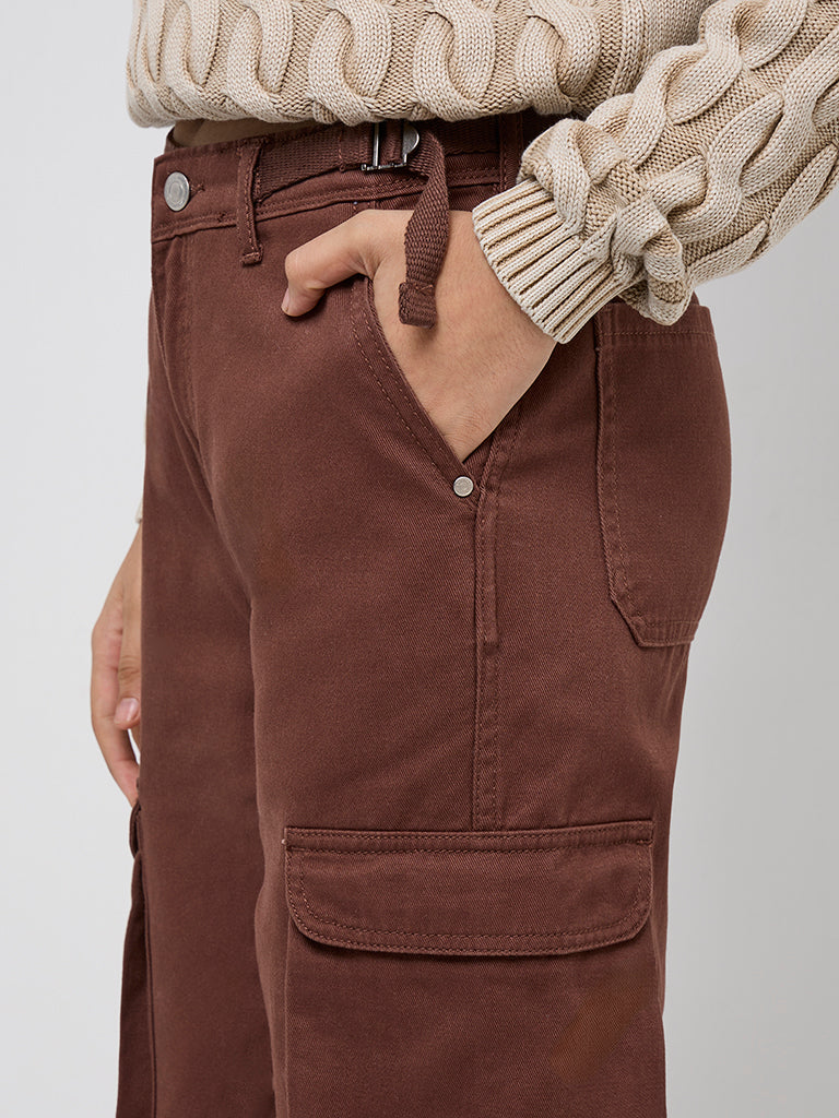 Y&F Kids Brown Cargo-Style High-Rise Cotton Trousers - Image 2