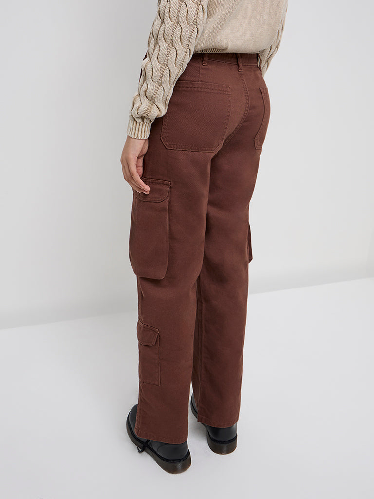 Y&F Kids Brown Cargo-Style High-Rise Cotton Trousers - Image 4
