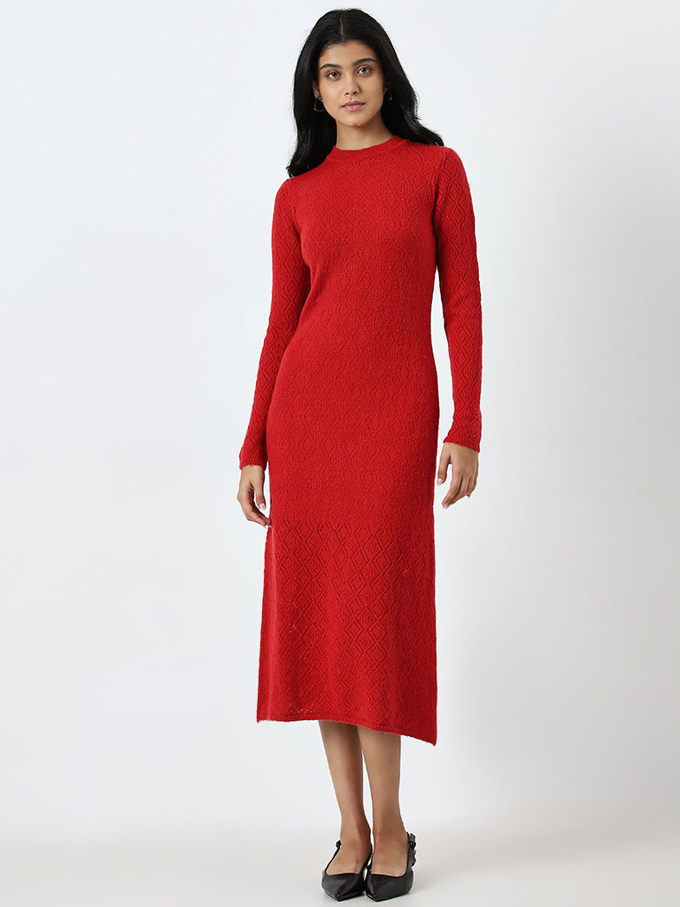 LOV Red Knit-Textured Straight Dress
