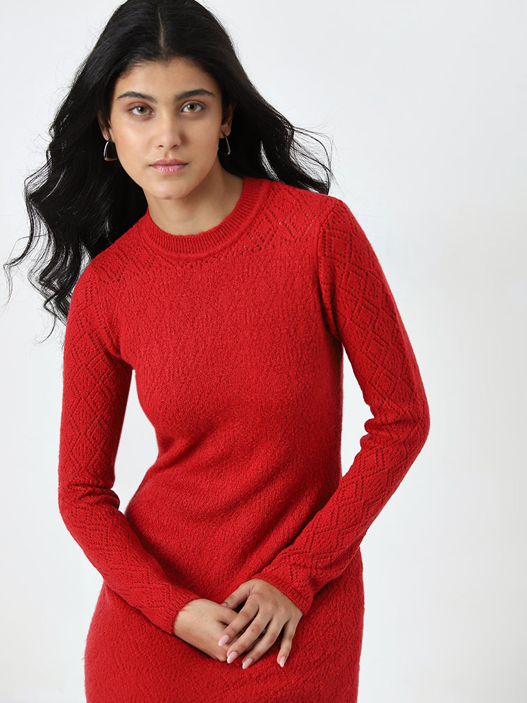 LOV Red Knit-Textured Straight Dress - Image 2