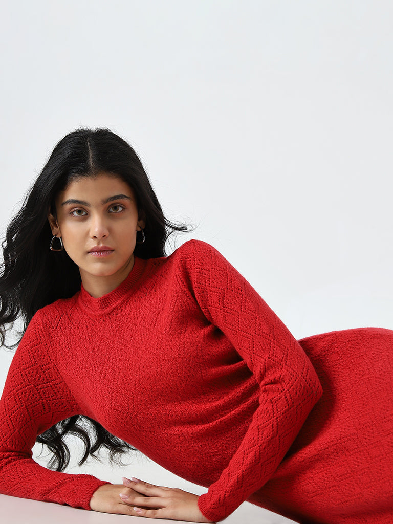 LOV Red Knit-Textured Straight Dress - Image 3