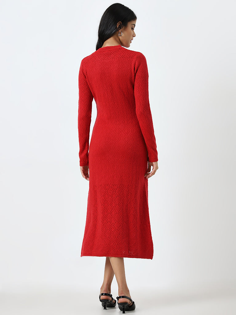 LOV Red Knit-Textured Straight Dress - Image 4