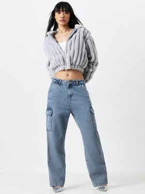 Nuon Blue Cargo-Style Straight-Fit High-Rise Jeans