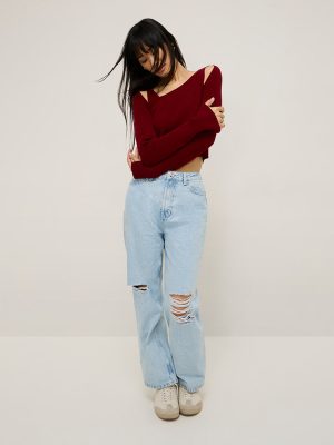 Nuon Light Blue Distressed Straight-Fit High-Rise Jeans