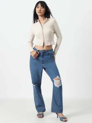 Nuon Blue Ripped Relaxed-Fit High-Rise Jeans
