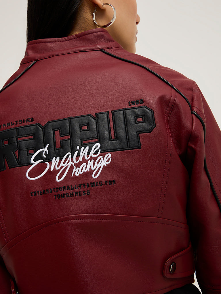 Nuon Burgundy Text Embossed Faux-Leather Jacket - Image 2