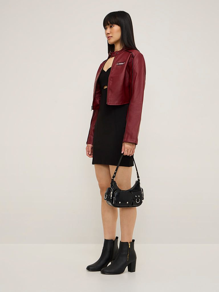 Nuon Burgundy Text Embossed Faux-Leather Jacket - Image 3