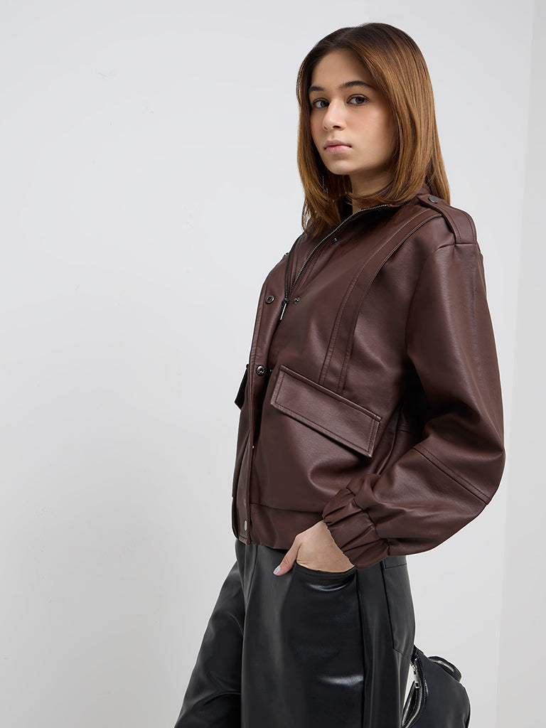 Nuon Dark Brown Faux Leather Jacket