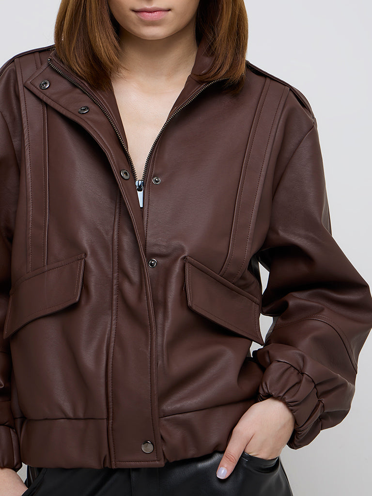 Nuon Dark Brown Faux Leather Jacket - Image 2
