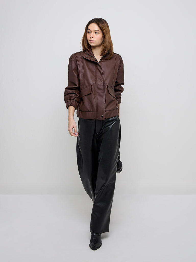 Nuon Dark Brown Faux Leather Jacket - Image 3