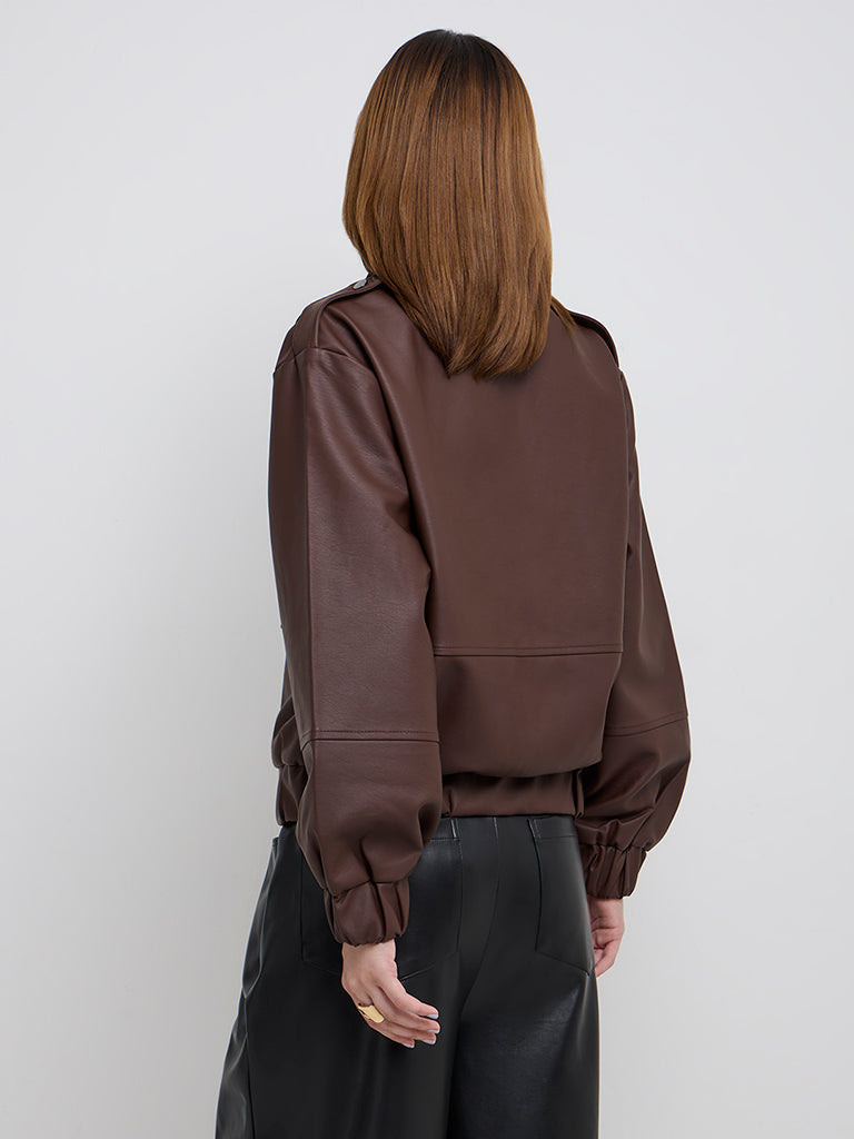 Nuon Dark Brown Faux Leather Jacket - Image 4