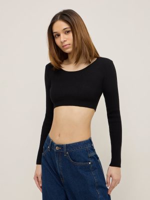 Nuon Black Ribbed Cotton-Blend Crop Top