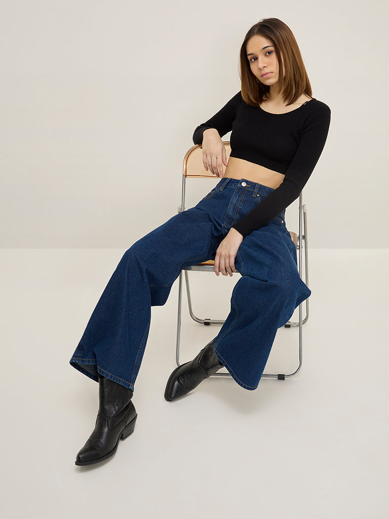 Nuon Black Ribbed Cotton-Blend Crop Top - Image 4