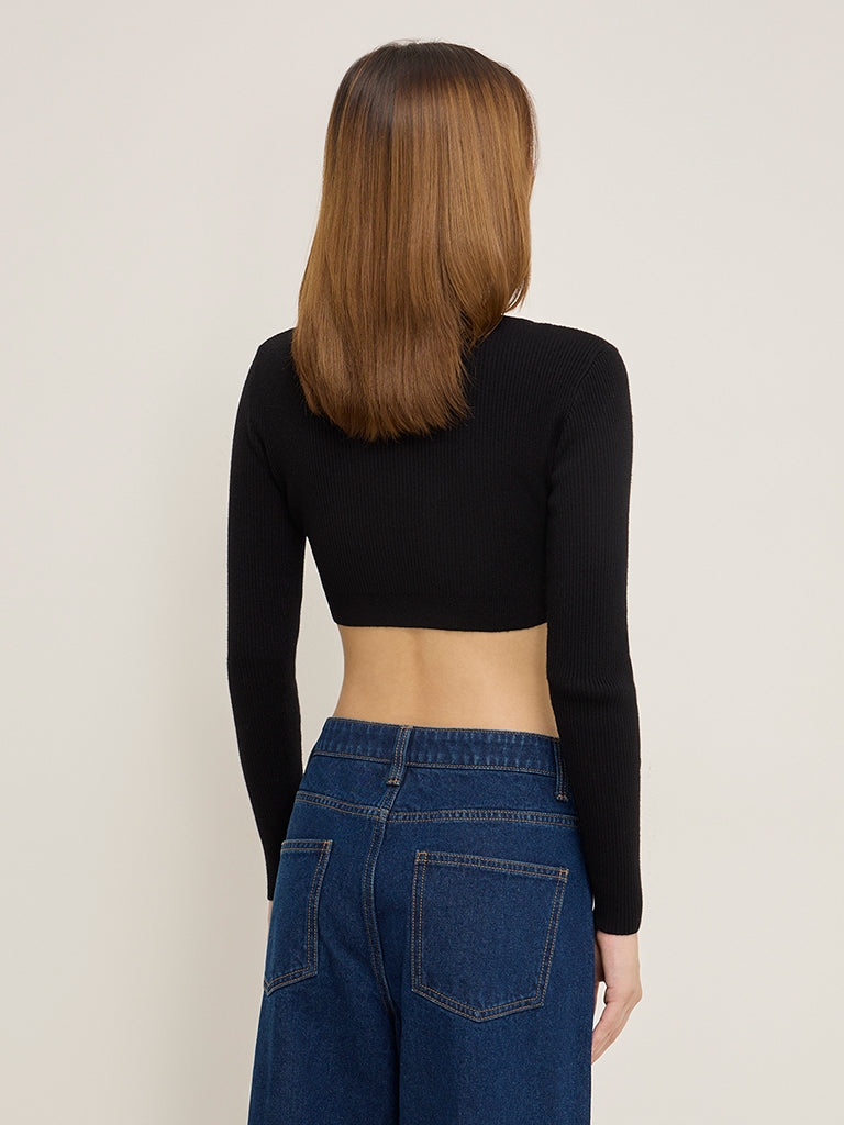 Nuon Black Ribbed Cotton-Blend Crop Top - Image 5