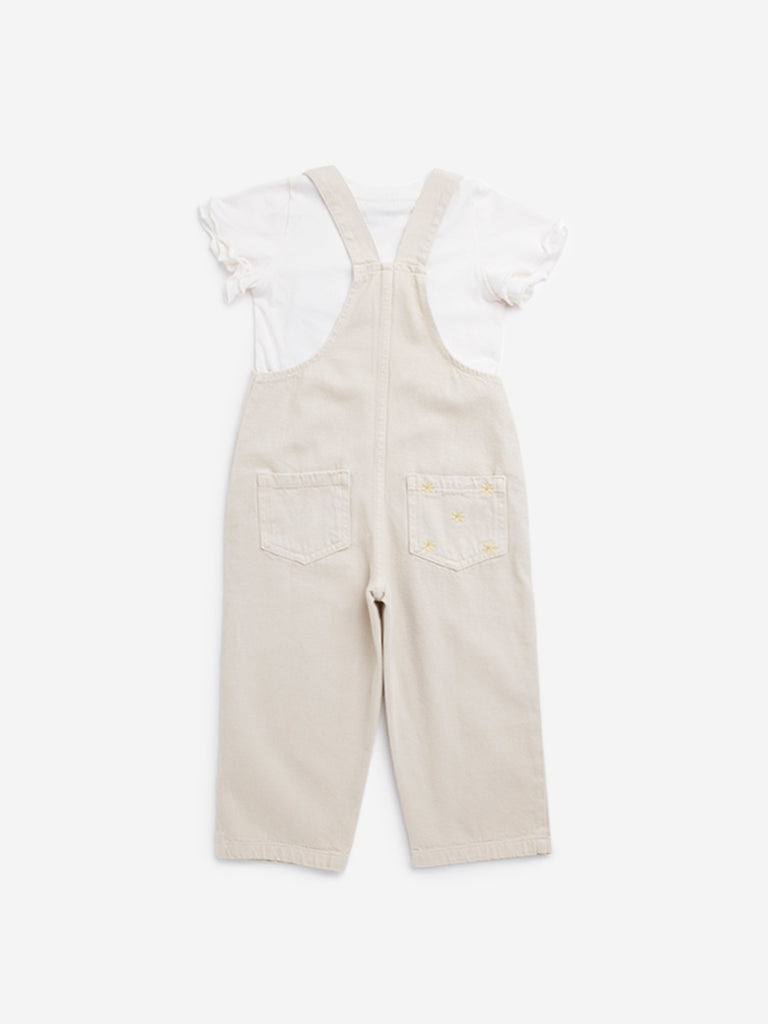 HOP Kids Beige Floral Embroidered Cotton Dungaree with T-Shirt Set - Image 2
