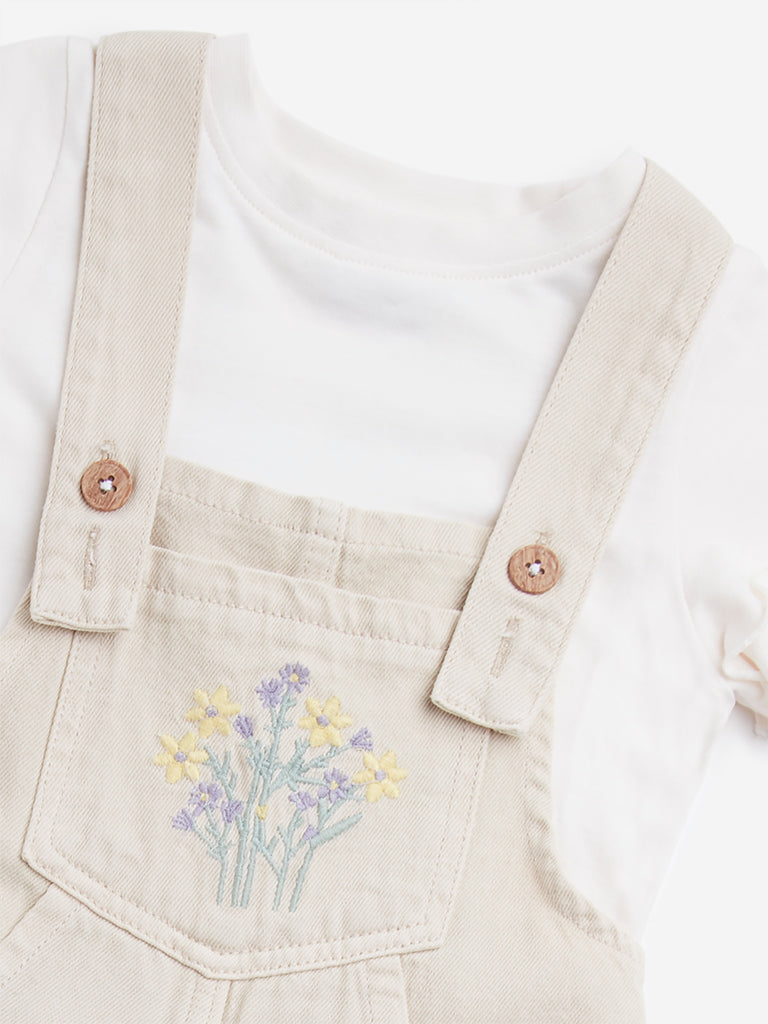HOP Kids Beige Floral Embroidered Cotton Dungaree with T-Shirt Set - Image 3