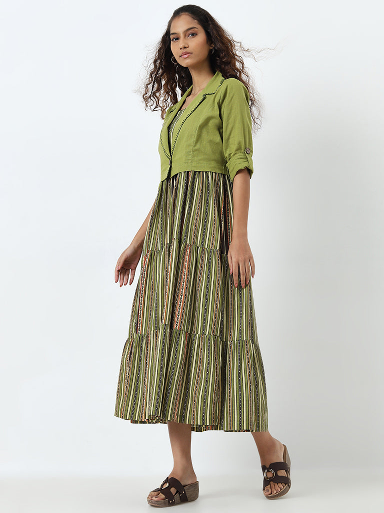Bombay Paisley Green Tiered Cotton Dress with Jacket - Image 3