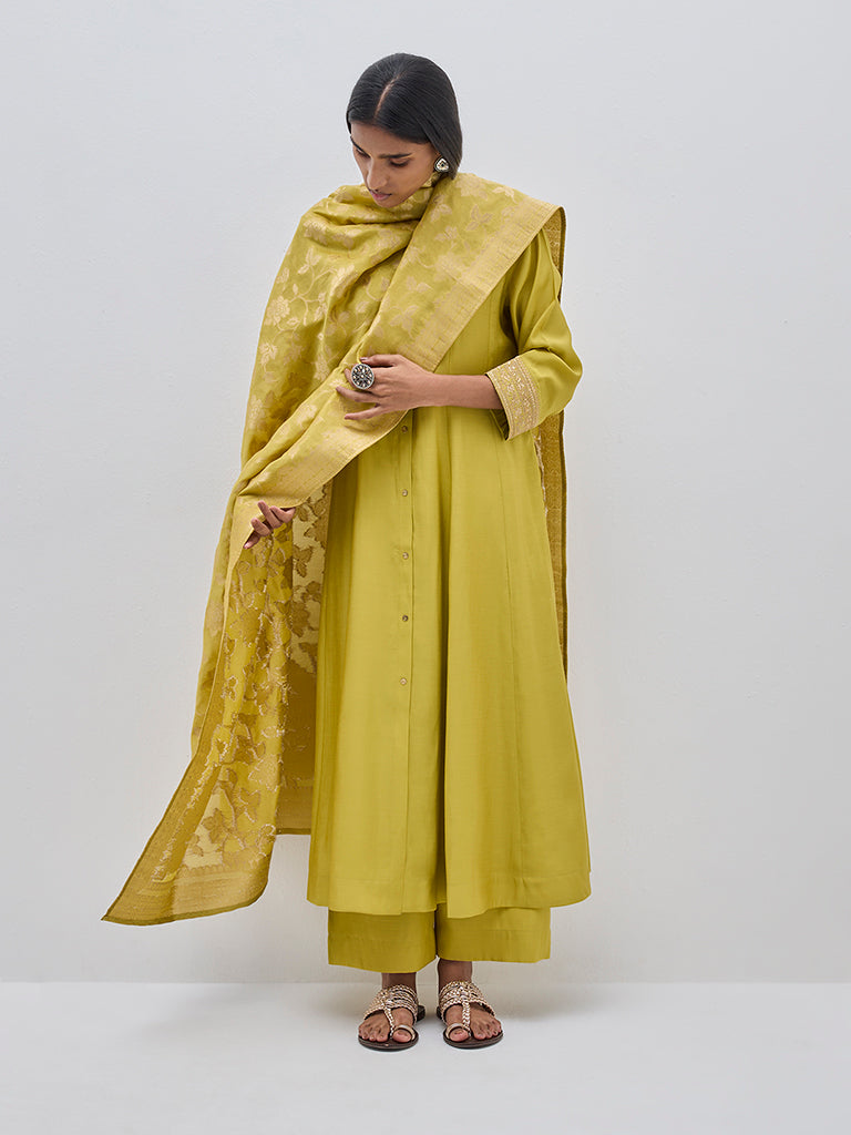 Vark Lime A-Line Kurta. Pants and Dupatta Set - Image 3