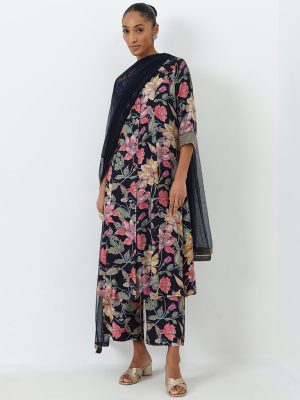 Vark Navy Floral A-Line Kurta. Palazzos and Dupatta Set