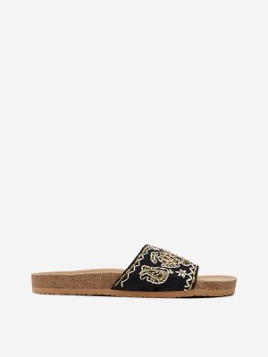 LUNA BLU Black Embroidered Slip-On Sandals