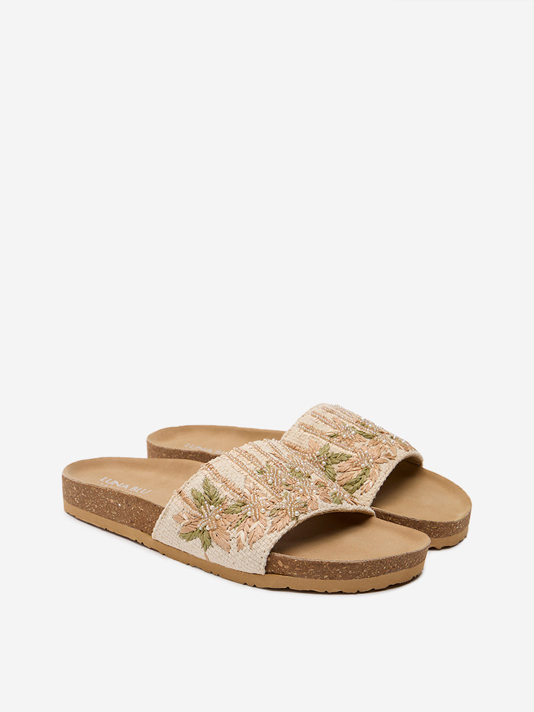 LUNA BLU Beige Embroidered Single Band Slides - Image 2