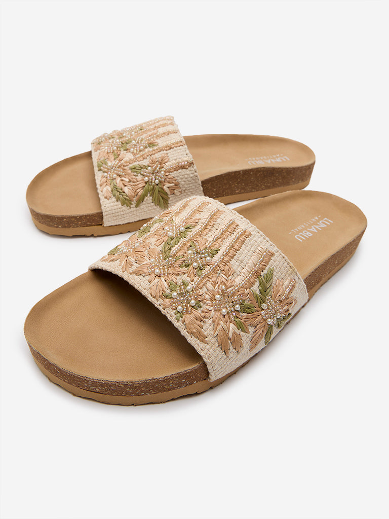 LUNA BLU Beige Embroidered Single Band Slides - Image 3