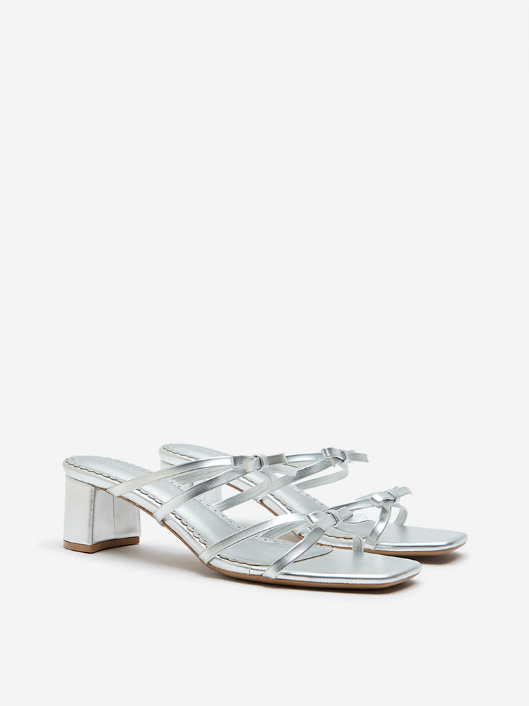 LUNA BLU Silver Bow Pattern Block Heel Sandals - Image 2