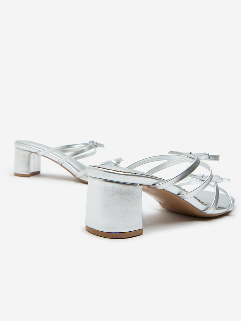 LUNA BLU Silver Bow Pattern Block Heel Sandals - Image 3